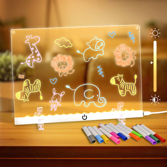 Acrylic Dry Erase Board with LED Light, 11.8"x8.5" Glowing Memo, Brightness Adjustment, 7 Color Markers, Ideal for Office/Home/Kids, Writable Night Light & Desktop Charm (White)
