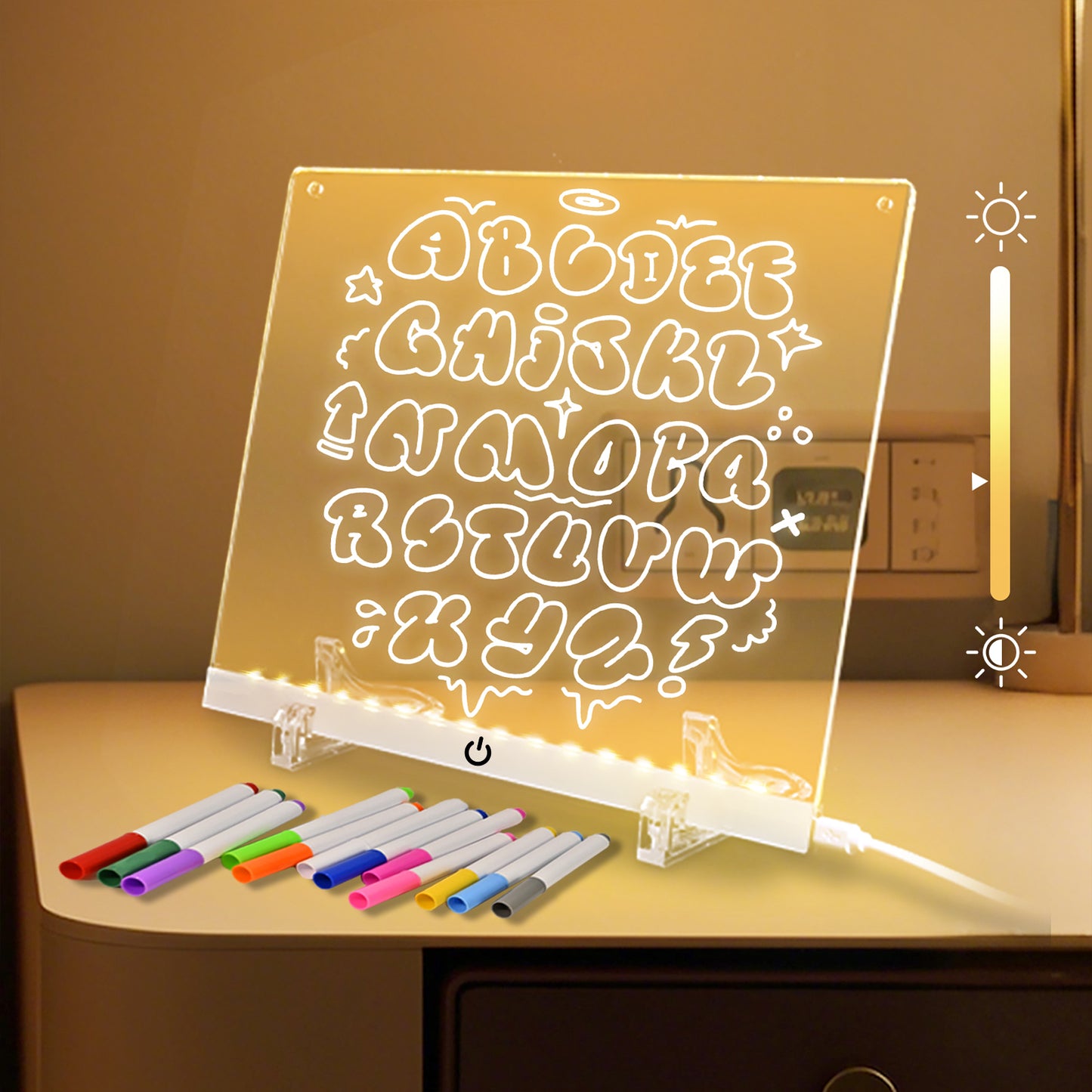 Acrylic Dry Erase Board with LED Light, 11.8"x8.5" Glowing Memo, Brightness Adjustment, 7 Color Markers, Ideal for Office/Home/Kids, Writable Night Light & Desktop Charm (White)