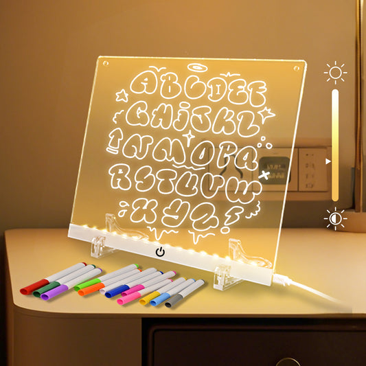 Acrylic Dry Erase Board with LED Light, 11.8"x8.5" Glowing Memo, Brightness Adjustment, 7 Color Markers, Ideal for Office/Home/Kids, Writable Night Light & Desktop Charm (White)