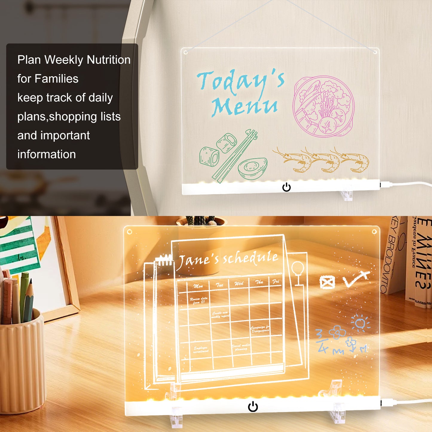 Acrylic Dry Erase Board with LED Light, 11.8"x8.5" Glowing Memo, Brightness Adjustment, 7 Color Markers, Ideal for Office/Home/Kids, Writable Night Light & Desktop Charm (White)
